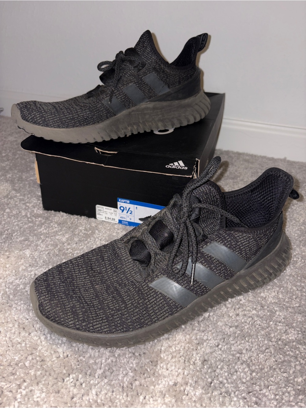 adidas Kaptir Black Gray Knit Running Shoes Men’s 9.5
